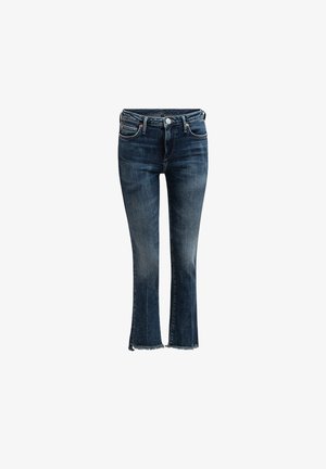 Donkerblauwe denim flare jeans met een licht rafelige zoom en zij-inserties. Heeft een medium taille en een klassieke 5-pocket stijl.