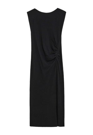 Vestido midi negro sin mangas con escote redondo y detalle fruncido en el lado derecho.