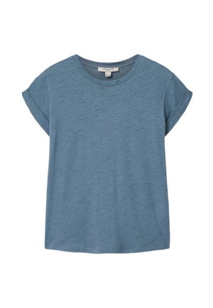 Blaues T-Shirt mit kurzen Ärmeln und Rundhalsausschnitt, mit umgeschlagenen Bündchen und geradem Saum, aus weichem, strukturiertem Stoff.