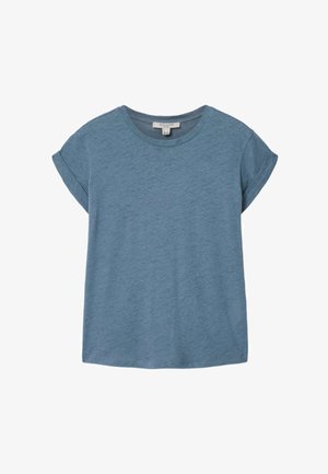 Blue short-sleeve crew neck T-shirt with folded cuffs and a straight hem, made from soft, textured fabric.