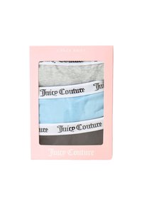 Set di tre paia di slip in cotone grigi, azzurri e neri, con elastico bianco su cui è stampato in nero "Juicy Couture". Confezionati in una scatola rosa.