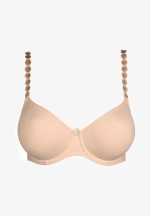 Beiger BH mit glatten Cups und dekorativen Trägern mit kreisförmigen Akzenten. In der Mitte befindet sich ein kleines rundes Detail. Weicher Stoff.