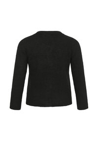 Schwarzer Langarmpullover, gerippte Textur, runder Ausschnitt, lockere Passform, schlichtes Design ohne Verzierungen, geeignet für legere Anlässe.