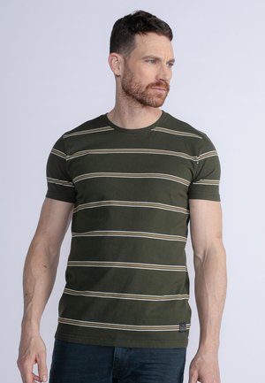 Olive green t-shirt with white and yellow horizontal stripes, short sleeves, and a crew neckline. Soft cotton material. Tag on lower left side.