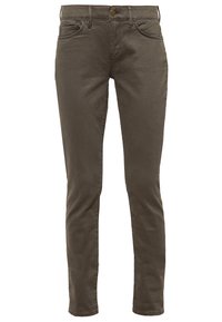 Wąskie, oliwkowozielone bawełniane spodnie z pięcioma kieszeniami, zapięciem na guzik i gładką fakturą. Odpowiednie na casualowe okazje.