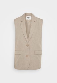 Beige ärmelloser Blazer mit Reverskragen, zwei Fronttaschen und zwei Knöpfen. Der Stoff hat ein strukturiertes, gewebtes Aussehen.