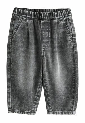 Schwarze Denim-Shorts mit elastischem Bund, ausgestattet mit zwei Seitentaschen und einem dezenten Glanz, der einen strukturierten Stoff zeigt.