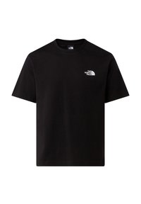 Camiseta negra de manga corta con cuello redondo y pequeño logo blanco de "The North Face" en el lado izquierdo del pecho.