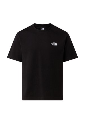 Black short-sleeve t-shirt with round neck and small white "The North Face" logo on the left chest.