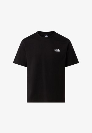 Schwarzes T-Shirt mit kurzen Ärmeln, Rundhals und kleinem weißen "The North Face"-Logo auf der linken Brust.
