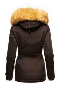 Brown parka jacket with a detachable golden fur hood, cinched waist, and ribbed cuffs. Features a smooth texture and sleek design.