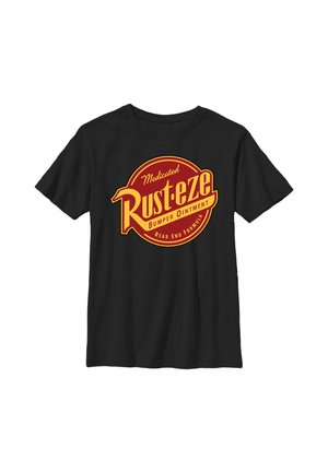 Sort t-shirt med korte ærmer med stort rødt og gult Rust-eze Bumper Ointment-logo midt foran.