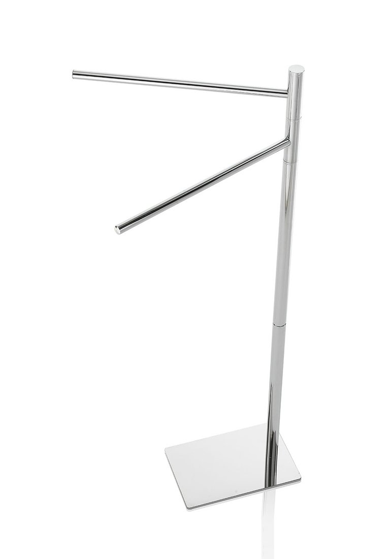 Supporto per asciugamani in metallo cromato autoportante, dotato di due bracci orizzontali che si estendono da un palo verticale montato su una base rettangolare piatta.