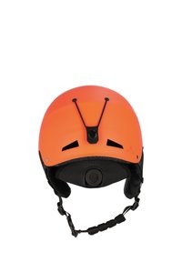 Orange sikkerhedshjelm med mat finish, justerbar hagebøjle, ventilationsspalter og en cirkulær justeringsmekanisme bagpå.