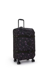 Svart resväska med blommönster i rosa och lila. Utrustad med fasta remmar och ett handtag högst upp. Smidiga hjul för enkel rörlighet.