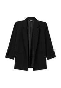 Czarna marynarka damska z wyłogami, z trzema ćwierć rękawami z guzikami i przednimi kieszeniami, zaprezentowana na białym tle.
