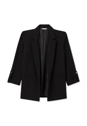 Blazer nero da donna con rever a scollo a V, maniche a tre quarti con patte e tasche a filetto frontali, mostrato su uno sfondo bianco.