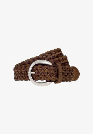 Woven brown leather belt featuring a silver metal buckle, with a textured finish and a braided design. Accented with a branded leather loop.