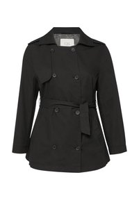 Schwarzer doppelt geknöpfter Trenchcoat aus glattem Material, mit tailliertem Gürtel, Kragen und seitlichen Taschen.