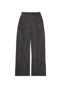 Pantalons larges noirs avec une taille élastique, fabriqués en tissu texturé avec un léger éclat, présentant un design simple et épuré.