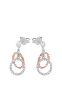 Pendientes de plata con aros circulares entrelazados en oro rosa y decorados con diamantes que cuelgan por debajo de cada botón.