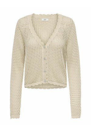 Beżowy krótki sweter na drutach o luźnym splocie, z długimi rękawami, dekoltem w serek, falistymi krawędziami i czterema ozdobnymi guzikami z przodu.