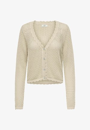 Cardigan court beige en maille ajourée, manches longues, col en V, bords festonnés et quatre boutons décoratifs sur le devant.