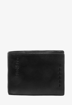 Black leather wallet with a textured surface, embossed logo, and decorative stitching along one edge. Compact, bi-fold design.