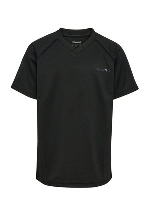 T-shirt de sport noir à manches courtes avec col en V et logo discret de la marque sur la poitrine, fabriqué en tissu mesh respirant.