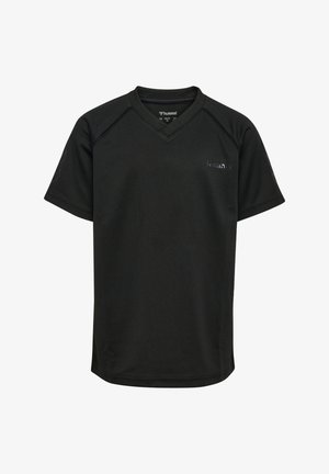 Sort kortærmet sport T-shirt med V-hals og diskret mærkelogo på brystet, lavet af åndbart mesh-stof.