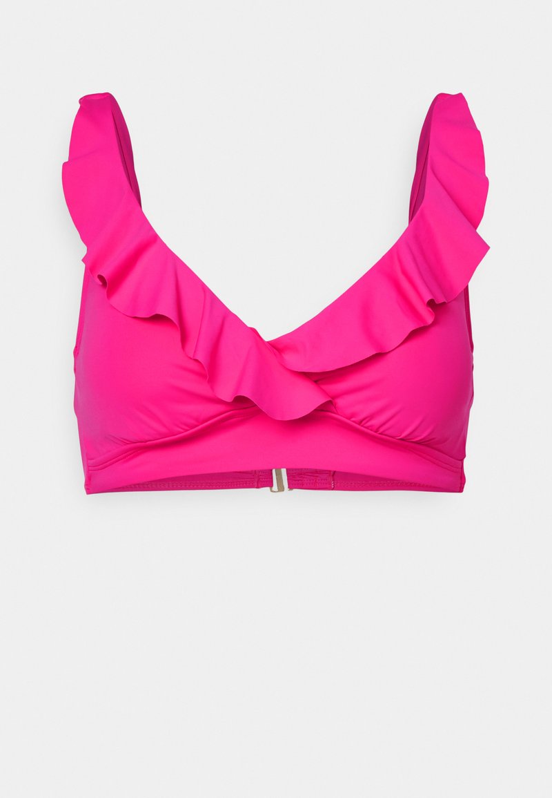 Bright pink bikini top with wide ruffled straps and a front clasp closure, displayed on a white background.