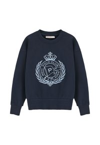 Felpa blu navy con collo rotondo, maniche lunghe e polsini a coste. Presenta un logo blu chiaro con una corona e alloro. Vestibilità classica e rilassata.