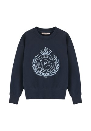 Sudadera azul marino con cuello redondo, mangas largas y puños de canalé. Presenta un logo en azul claro de una corona y laurel. Corte clásico y relajado.