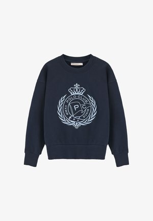 Sudadera azul marino con cuello redondo, mangas largas y puños de canalé. Presenta un logo en azul claro de una corona y laurel. Corte clásico y relajado.