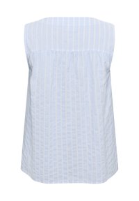 Haut sans manches bleu clair avec des rayures verticales, une coupe ample et un détail froncé dans le dos. Fabriqué en un tissu mélangé de coton texturé.