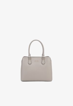 Sac à main en cuir gris clair avec double poignée et logo subtil doré de la marque centré sur le devant.