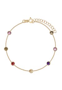Złota naszyjnica łańcuszkowa z siedmioma okrągłymi, fasetowanymi kamieniami szlachetnymi w różnych kolorach (czerwony, fioletowy, zielony, przezroczysty) osadzonymi w okrągłych oprawach.