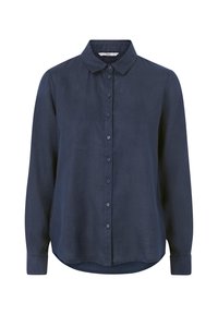 Mörkblå, långärmad skjorta med knappar i mjukt tyg. Har en klassisk krage och rundad nederkant med sex matchande knappar framtill.