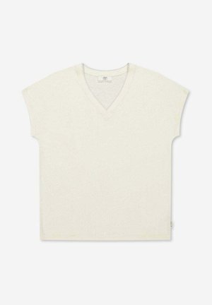 T-shirt color avorio, a maniche corte con scollatura a V, vestibilità ampia e una piccola etichetta di stoffa sulla cucitura laterale inferiore.