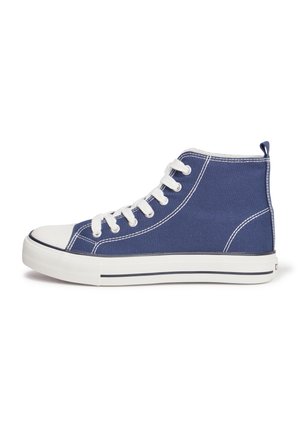 High-top sneakers made of dark blue canvas with white accents, featuring white laces, rubber toe cap, and textured side stitching.