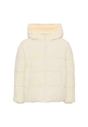 Chaqueta de invierno acolchada de color crema con capucha y cremallera frontal, con bolsillos laterales y un pequeño bolsillo con cremallera en la manga izquierda.