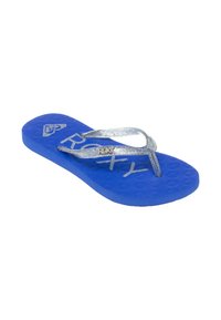Blåflip-flop-sandal av gummi med glitterstraps i silver och präglade mönster på sulan. Roxy-logotyp tryckt på fotbädden.
