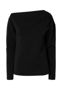 Czarny, długi rękaw, top wykonany z gładkiego materiału. Posiada asymetryczny dekolt oraz dopasowany krój z jednolitą teksturą.