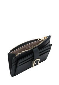 Black leather wallet with gold zipper, multiple card slots, and a gold buckle strap closure on a white background.
