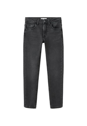 Dunkelgraue Slim-Fit-Jeans mit Frontknopf, Reißverschluss, Gürtelschlaufen und fünf Taschen, flach auf weißem Hintergrund liegend.