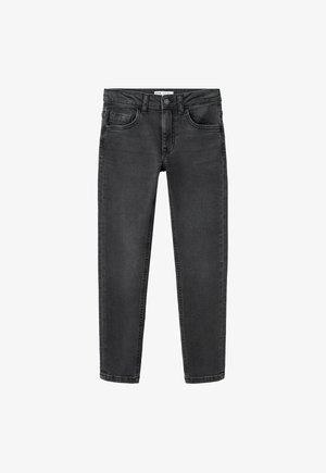 Dunkelgraue Slim-Fit-Jeans mit Frontknopf, Reißverschluss, Gürtelschlaufen und fünf Taschen, flach auf weißem Hintergrund liegend.