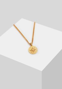 Auksinė pakabuko grandinėlė su kompaiso dizainu, kuriame yra tekstūruota apvali vėrinio detalė ir stora grandinėlė. Spalva – ryški metalinė auksinė.