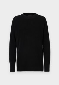 Black knitted sweater featuring a round neck and ribbed detailing on cuffs and hem. The fabric has a textured pattern.