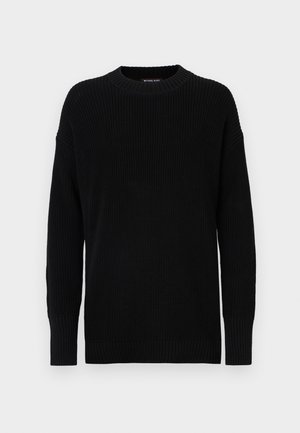 Black knitted sweater featuring a round neck and ribbed detailing on cuffs and hem. The fabric has a textured pattern.