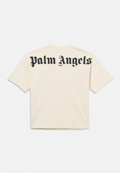 Κρεμ κοντομάνικη μπλούζα με τη φράση «Palm Angels» σε μεγάλο μαύρο γοτθικό γραμματοσειρά στην πάνω πλάτη.